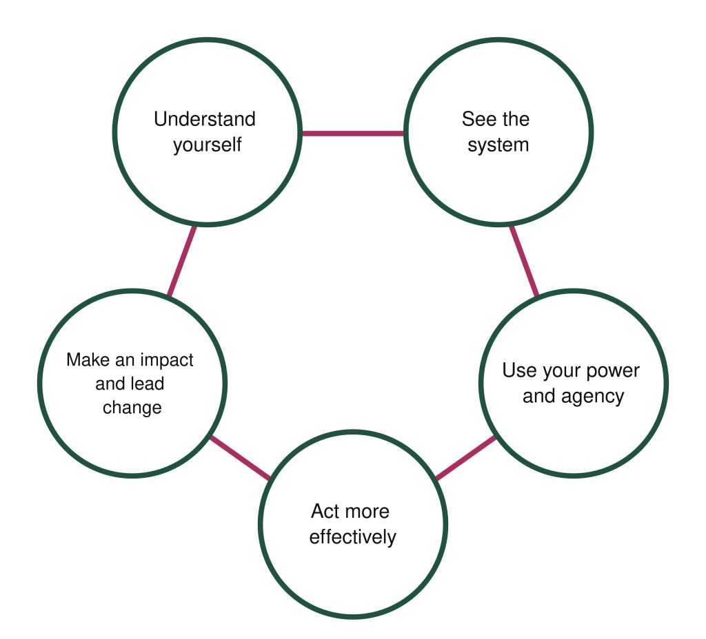 A diagram describing the coaching process with 5 circles outlined in dark green. Each circle is connected by a fine pink line, so that they are all connected in a pentagon. There is text inside each circle. The first says understand yourself, the second says see the system, the third says use your power and agency, the fourth says act more effectively, and the fifth says make an impact and lead change.