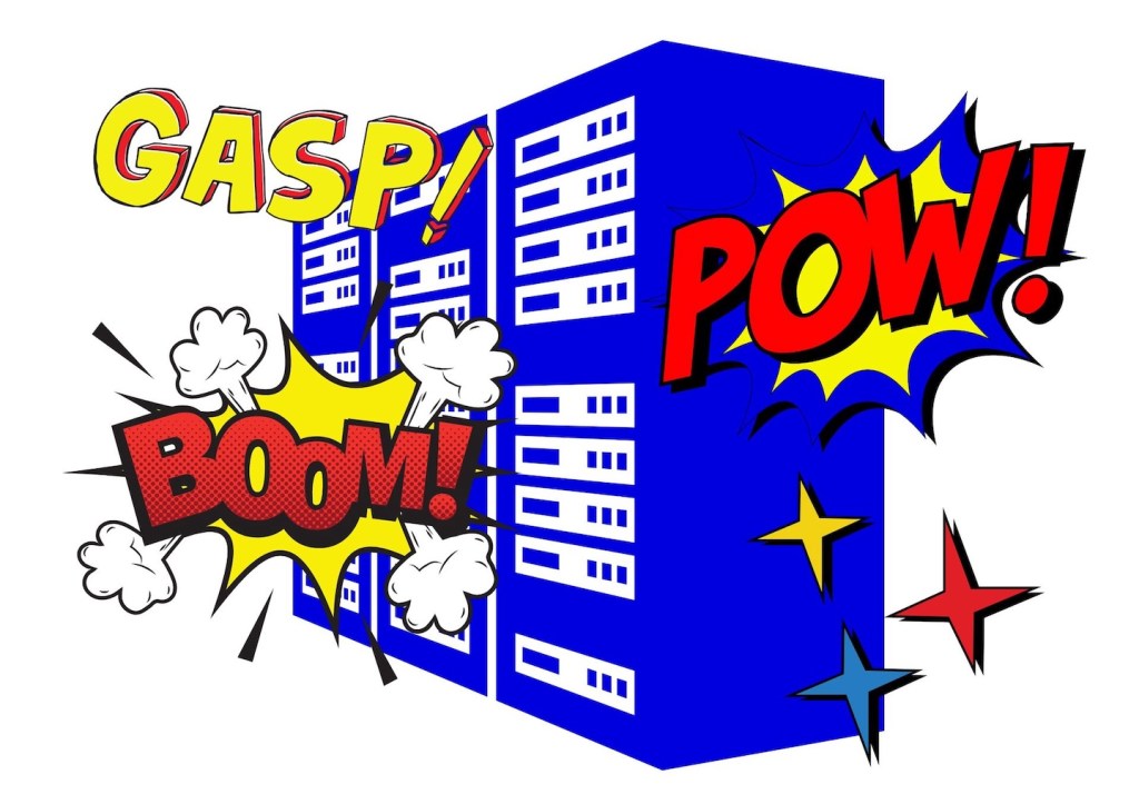 A blue coloured icon of a data server, surrounded with comic-book style words 'Gasp!', 'Boom!' and 'Pow!' in colours of yellow and red.